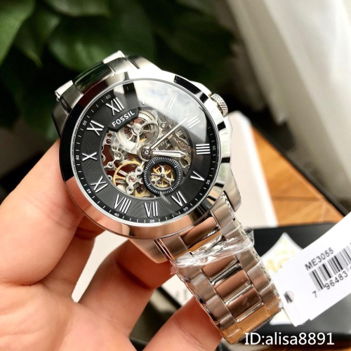 富思FOSSIL手錶 男士商務休閒手錶 大直徑鋼帶錶 羅馬刻度機械錶 鏤空全自動機械手錶 時尚百搭男錶ME3055