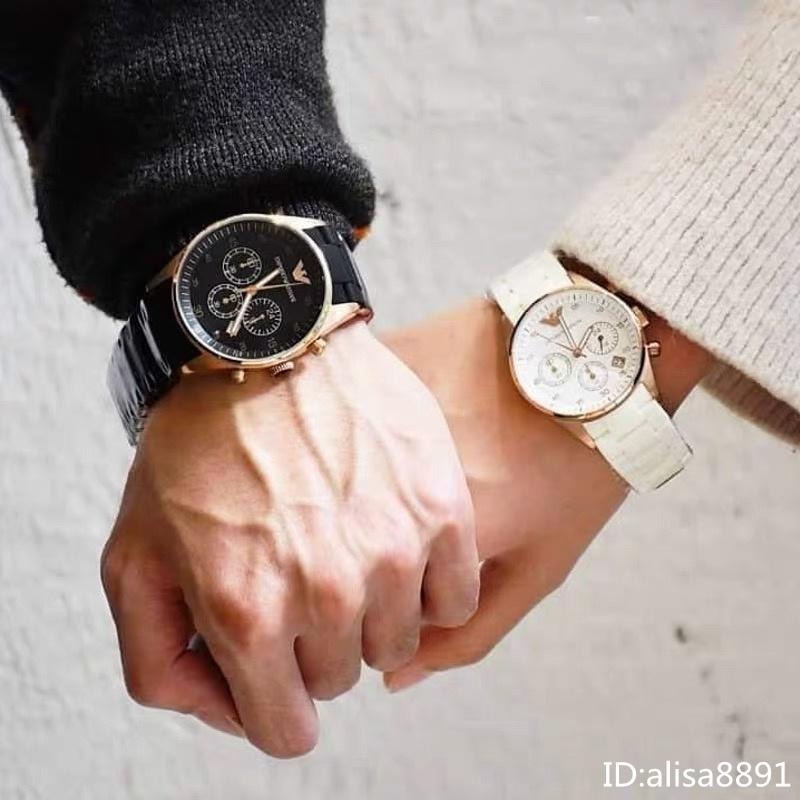 Armani手錶 男女情侶對錶 大直徑三眼防水手錶黑色白色時尚運動石英錶 商務休閒男錶女錶 計時日曆女生腕錶AR5905-細節圖3