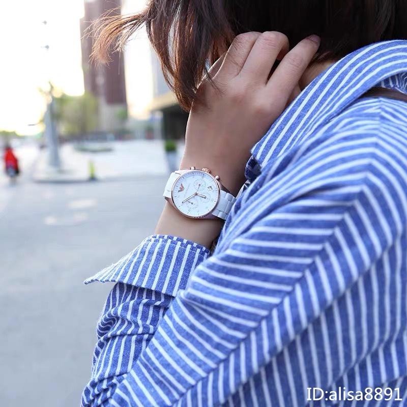 Armani手錶 男女情侶對錶 大直徑三眼防水手錶黑色白色時尚運動石英錶 商務休閒男錶女錶 計時日曆女生腕錶AR5905-細節圖4