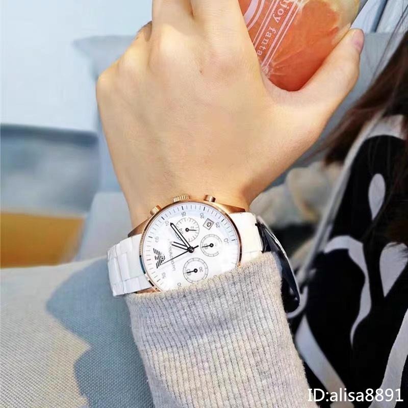 Armani手錶 男女情侶對錶 大直徑三眼防水手錶黑色白色時尚運動石英錶 商務休閒男錶女錶 計時日曆女生腕錶AR5905-細節圖5