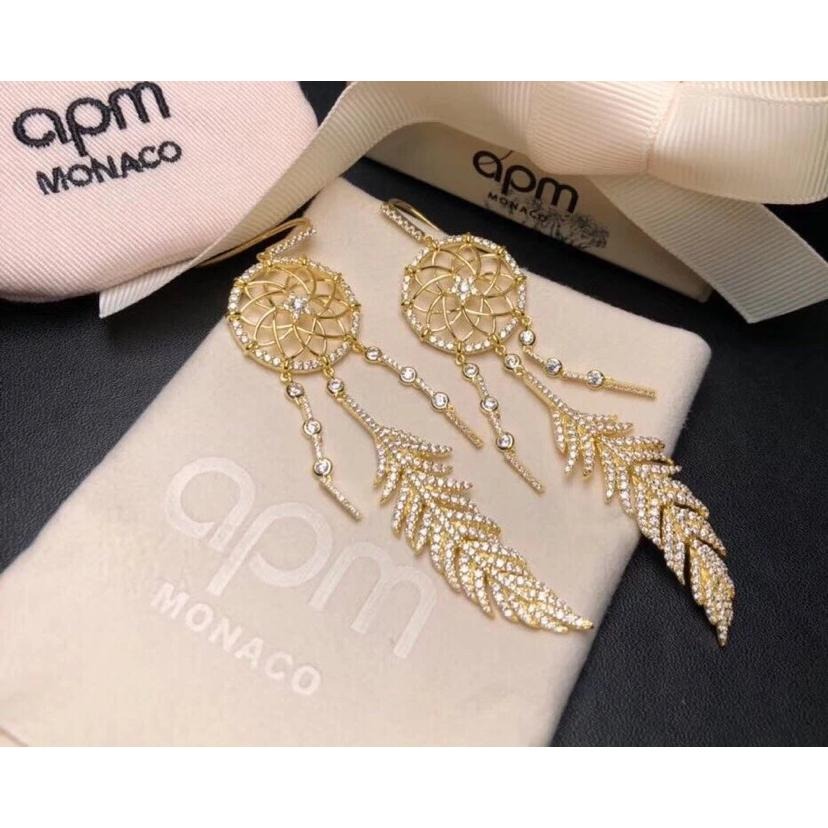 APM MONACO耳環 女生耳環 撲夢網耳環 925純銀耳環 鍍金鑲晶鑽耳墜 垂墜耳環 高級感時尚耳釘 流蘇大耳環-細節圖4