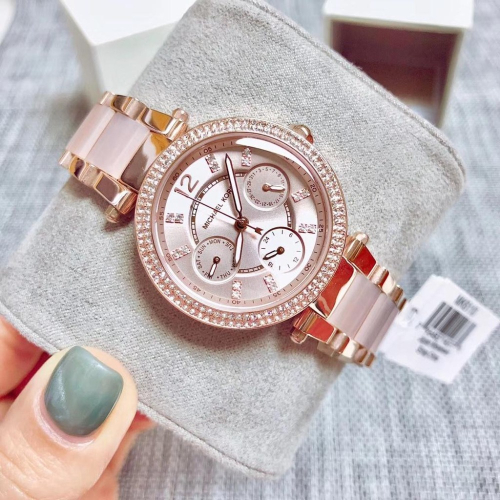 Michael Kors手錶 MK手錶三眼計時防水石英錶 小直徑鑲鑽女生腕錶 時尚百搭女錶 MK6110裸粉色間膠鋼鏈錶
