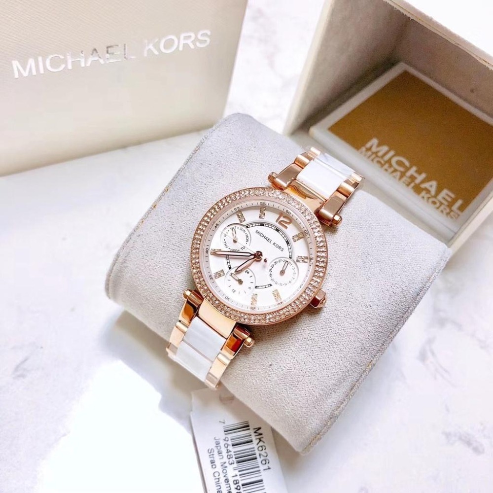 Michael Kors手錶 MK手錶三眼計時防水石英錶 小直徑鑲鑽女生腕錶 時尚百搭女錶 MK6110裸粉色間膠鋼鏈錶-細節圖5