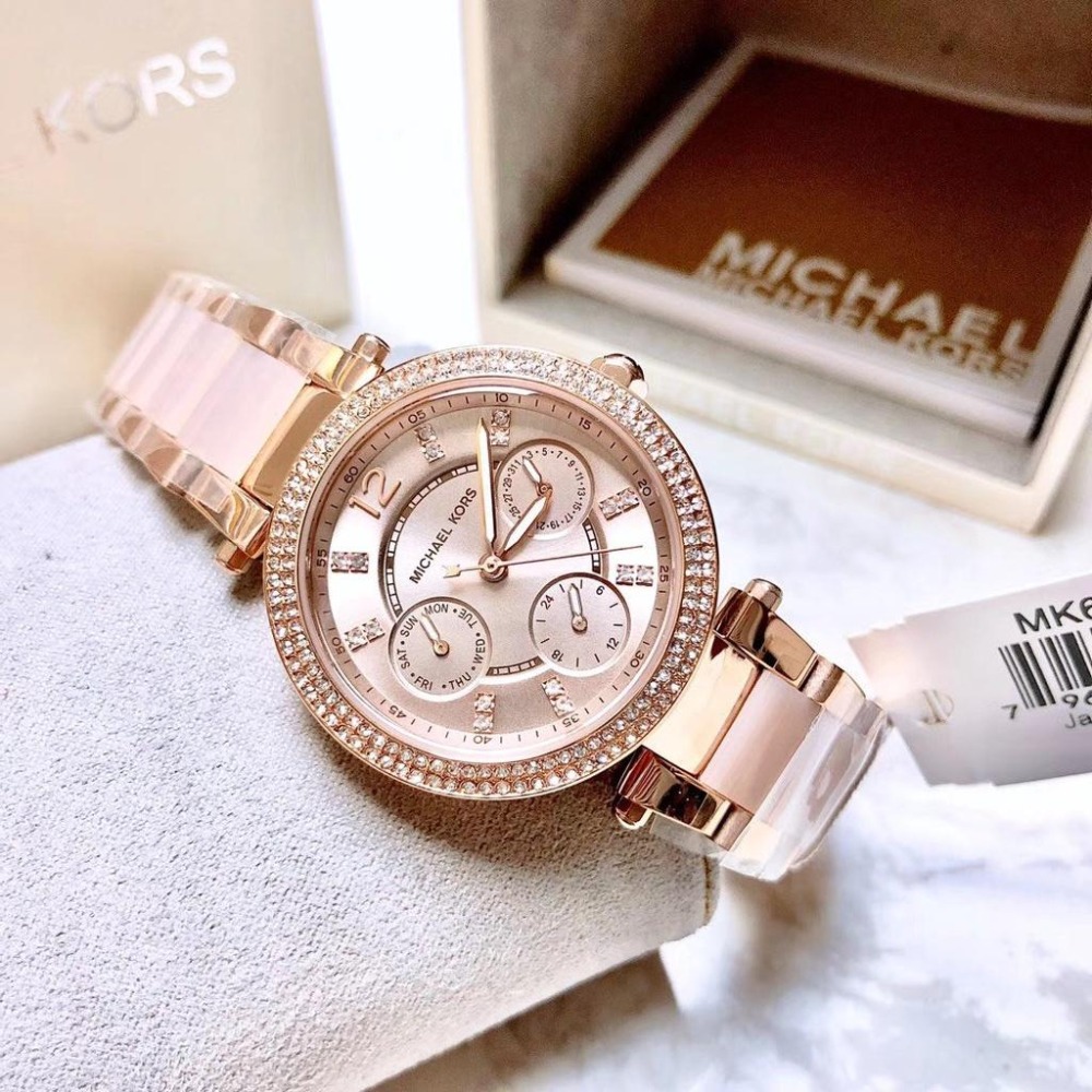 Michael Kors手錶 MK手錶三眼計時防水石英錶 小直徑鑲鑽女生腕錶 時尚百搭女錶 MK6110裸粉色間膠鋼鏈錶-細節圖7