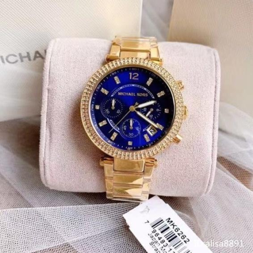 Michael Kors手錶 MK手錶 金色藍面鋼鏈錶 鑲鑽計時日曆女錶 時尚潮流石英錶 百搭通勤女生腕錶 MK6262