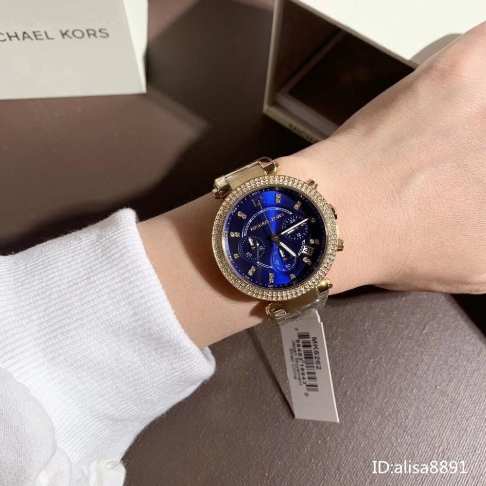 Michael Kors手錶 MK手錶 金色藍面鋼鏈錶 鑲鑽計時日曆女錶 時尚潮流石英錶 百搭通勤女生腕錶 MK6262-細節圖2
