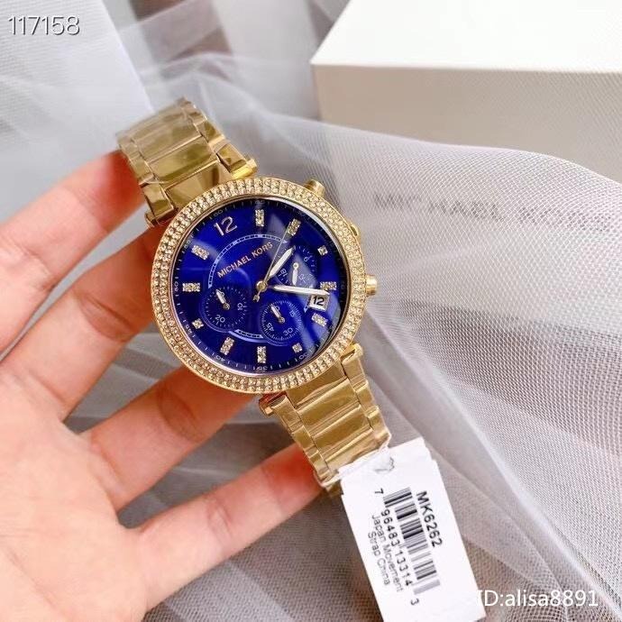 Michael Kors手錶 MK手錶 金色藍面鋼鏈錶 鑲鑽計時日曆女錶 時尚潮流石英錶 百搭通勤女生腕錶 MK6262-細節圖3