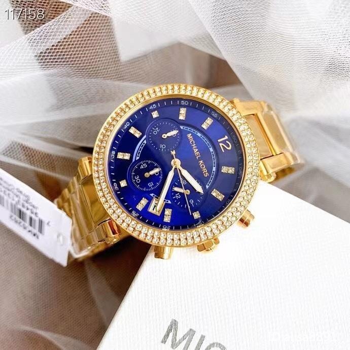 Michael Kors手錶 MK手錶 金色藍面鋼鏈錶 鑲鑽計時日曆女錶 時尚潮流石英錶 百搭通勤女生腕錶 MK6262-細節圖4