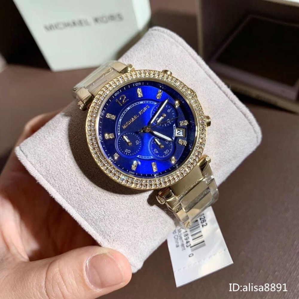 Michael Kors手錶 MK手錶 金色藍面鋼鏈錶 鑲鑽計時日曆女錶 時尚潮流石英錶 百搭通勤女生腕錶 MK6262-細節圖5