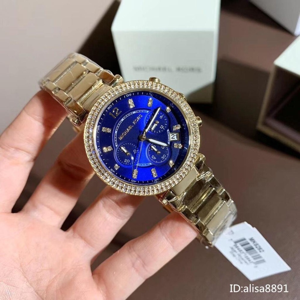 Michael Kors手錶 MK手錶 金色藍面鋼鏈錶 鑲鑽計時日曆女錶 時尚潮流石英錶 百搭通勤女生腕錶 MK6262-細節圖6