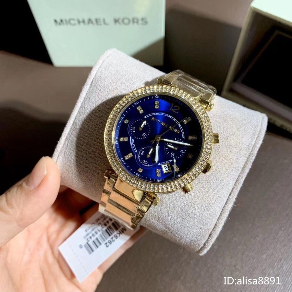 Michael Kors手錶 MK手錶 金色藍面鋼鏈錶 鑲鑽計時日曆女錶 時尚潮流石英錶 百搭通勤女生腕錶 MK6262-細節圖7