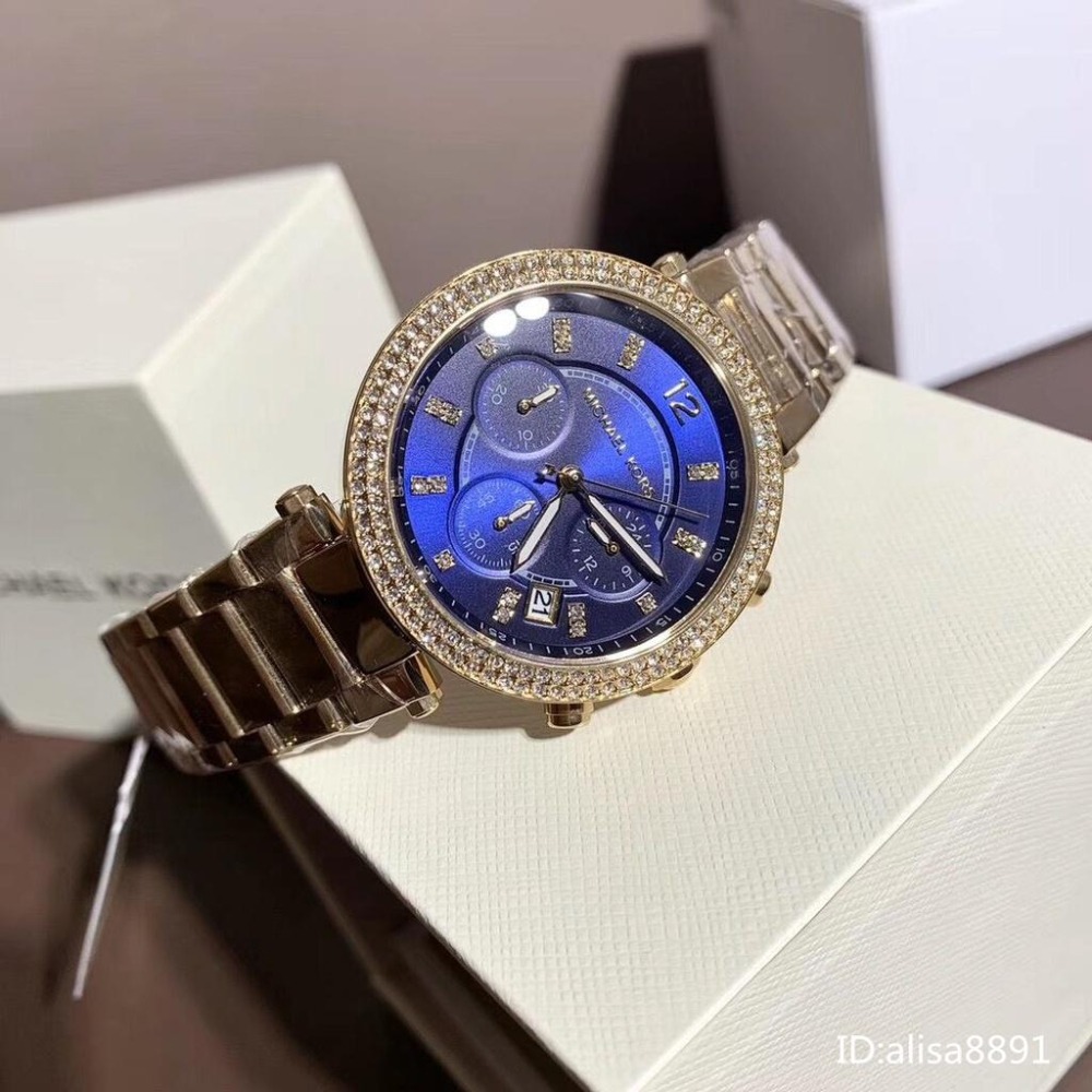 Michael Kors手錶 MK手錶 金色藍面鋼鏈錶 鑲鑽計時日曆女錶 時尚潮流石英錶 百搭通勤女生腕錶 MK6262-細節圖8