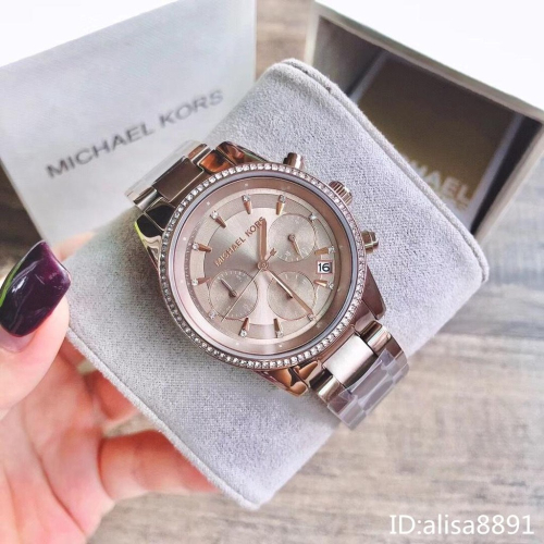 Michael Kors手錶 時尚百搭女生腕錶 三眼計時日曆石英錶 MK限量版咖啡色水鑽女錶 女士精品錶MK6529