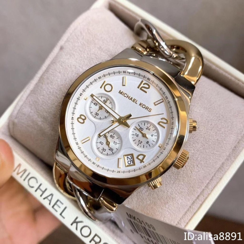 Michael Kors手錶 精品錶 女生手鐲手錶 間金色鋼鏈錶 歐美時尚潮流鏈條款石英錶 三眼日曆女錶MK3199
