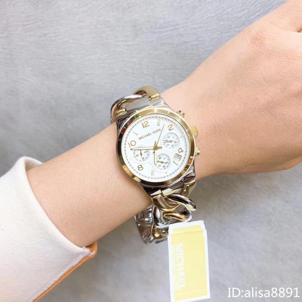 Michael Kors手錶 精品錶 女生手鐲手錶 間金色鋼鏈錶 歐美時尚潮流鏈條款石英錶 三眼日曆女錶MK3199-細節圖3