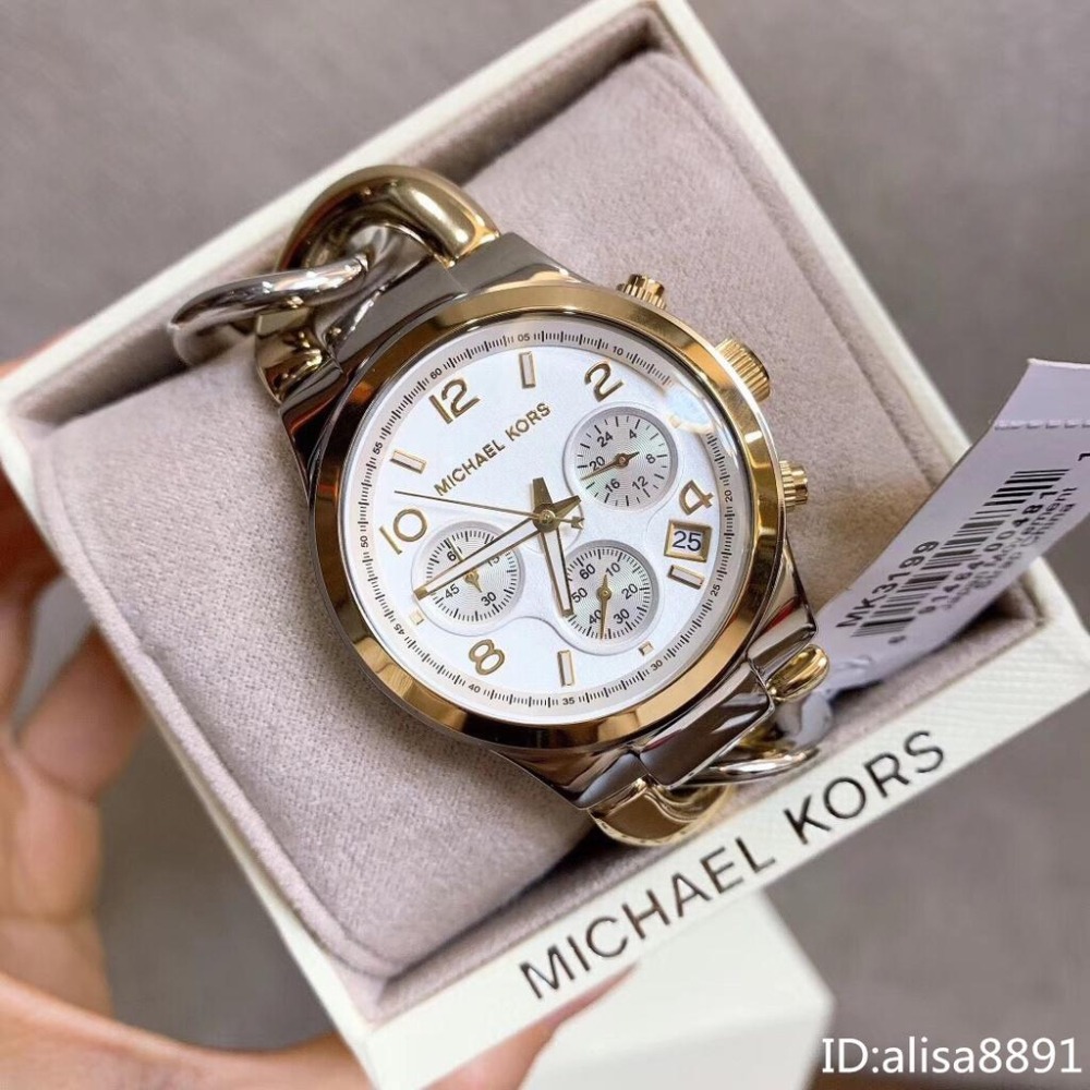 Michael Kors手錶 精品錶 女生手鐲手錶 間金色鋼鏈錶 歐美時尚潮流鏈條款石英錶 三眼日曆女錶MK3199-細節圖4