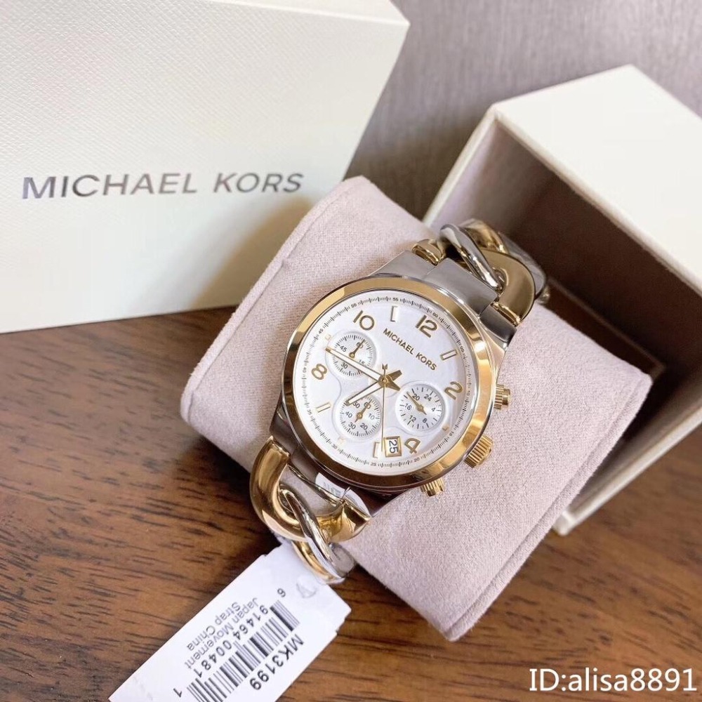 Michael Kors手錶 精品錶 女生手鐲手錶 間金色鋼鏈錶 歐美時尚潮流鏈條款石英錶 三眼日曆女錶MK3199-細節圖5