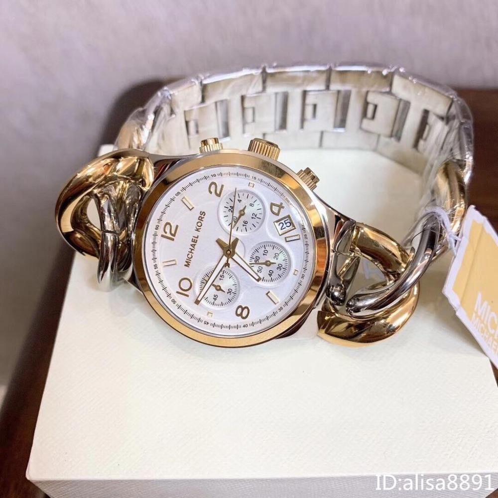 Michael Kors手錶 精品錶 女生手鐲手錶 間金色鋼鏈錶 歐美時尚潮流鏈條款石英錶 三眼日曆女錶MK3199-細節圖7