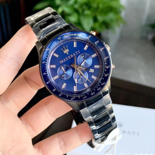 MASERATI瑪莎拉蒂手錶 日曆防水商務男錶 大直徑休閒運動手錶 黑色藍面鋼帶錶 時尚六針石英錶R8873640001