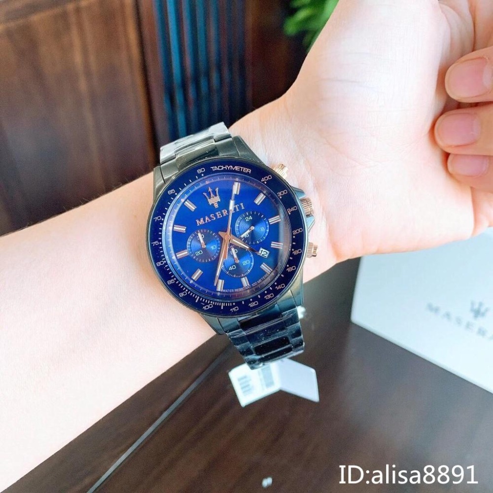 MASERATI瑪莎拉蒂手錶 日曆防水商務男錶 大直徑休閒運動手錶 黑色藍面鋼帶錶 時尚六針石英錶R8873640001-細節圖2