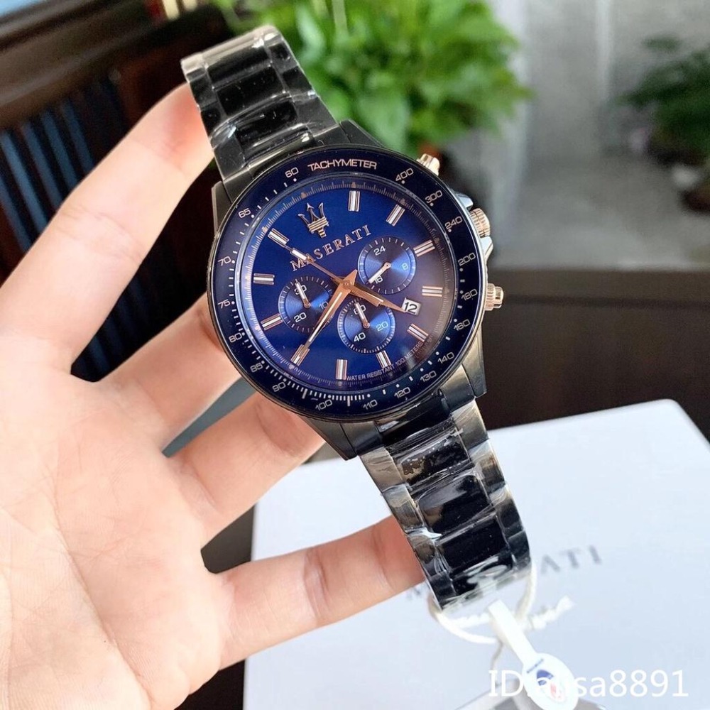 MASERATI瑪莎拉蒂手錶 日曆防水商務男錶 大直徑休閒運動手錶 黑色藍面鋼帶錶 時尚六針石英錶R8873640001-細節圖3