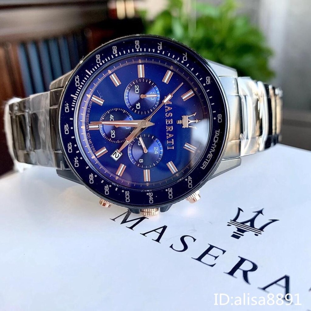 MASERATI瑪莎拉蒂手錶 日曆防水商務男錶 大直徑休閒運動手錶 黑色藍面鋼帶錶 時尚六針石英錶R8873640001-細節圖5