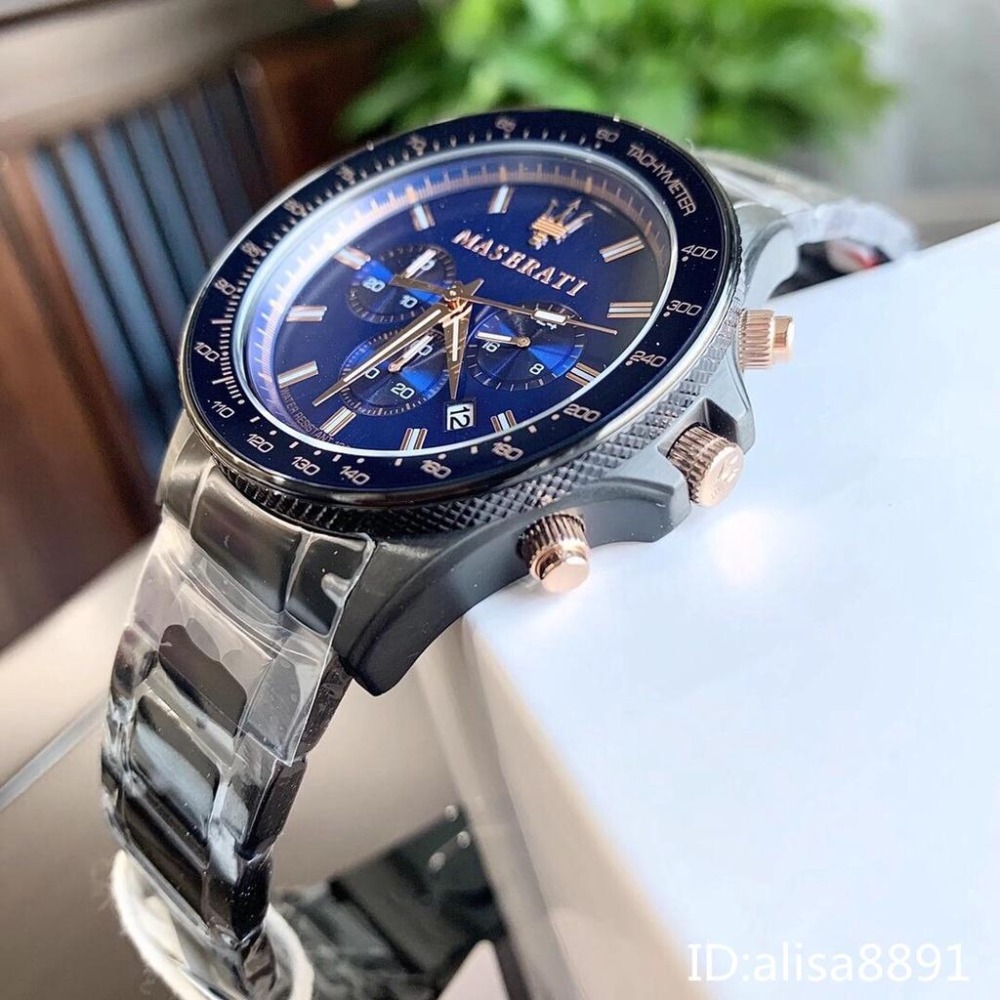 MASERATI瑪莎拉蒂手錶 日曆防水商務男錶 大直徑休閒運動手錶 黑色藍面鋼帶錶 時尚六針石英錶R8873640001-細節圖6