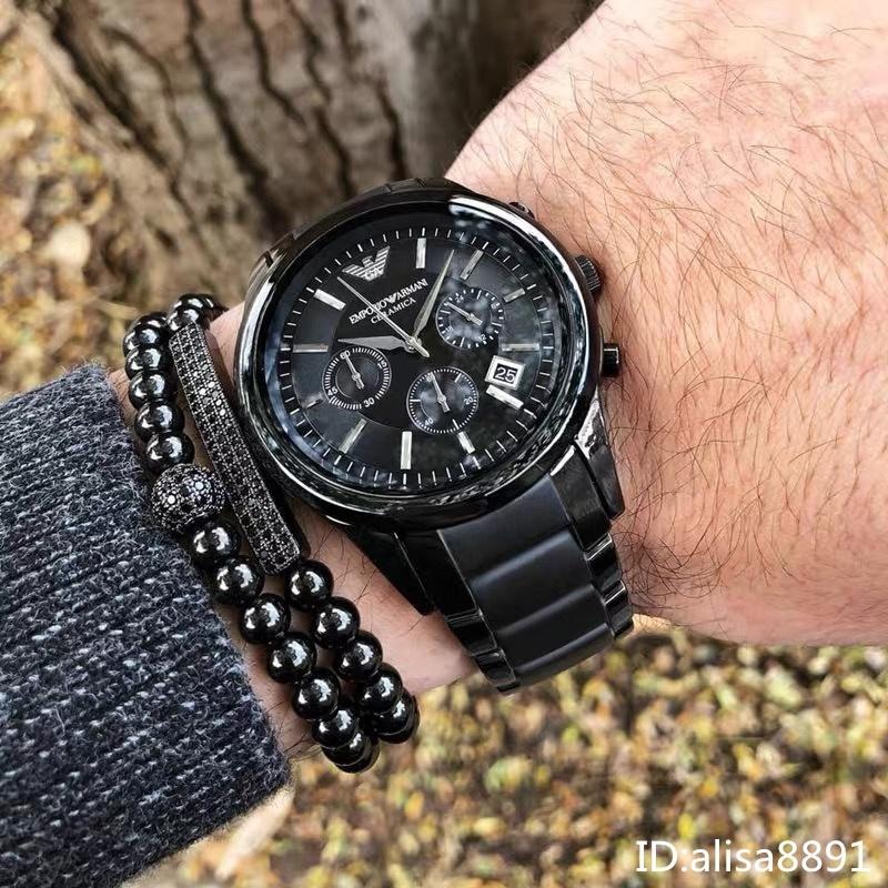大直徑黑色陶瓷手錶男  商務休閒男士石英錶 Armani阿曼尼手錶  三眼計時日曆防水手錶 休閒通勤男生腕錶AR1451-細節圖6