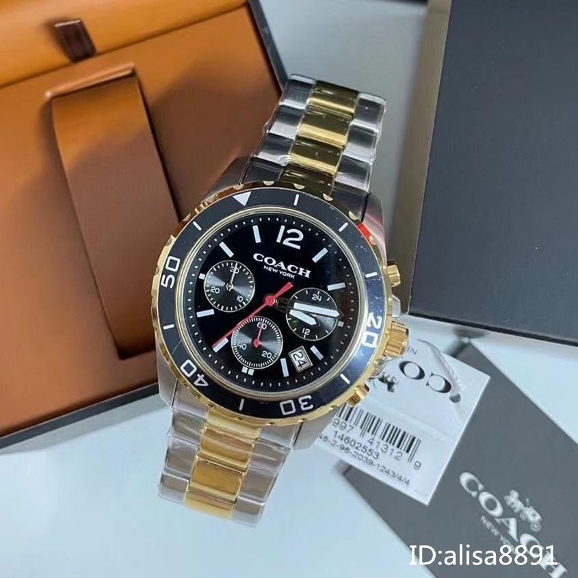 COACH蔻馳手錶 大直徑三眼計時手錶男 黑色綠水鬼男錶 KENT系列多功能男生腕錶 防水100m 日曆商務休閒運動男錶-細節圖4