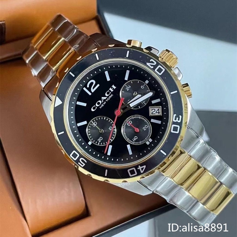 COACH蔻馳手錶 大直徑三眼計時手錶男 黑色綠水鬼男錶 KENT系列多功能男生腕錶 防水100m 日曆商務休閒運動男錶-細節圖7