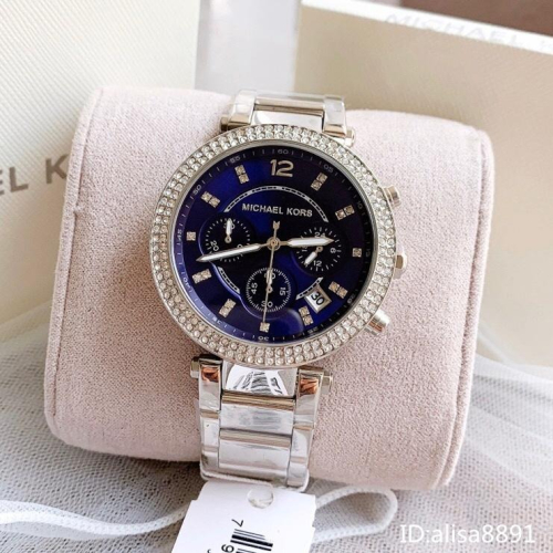 Michael Kors手錶 石英錶 大直徑MK手錶 銀色藍面鋼帶錶 女生腕錶 鑲鑽時尚女錶 三眼計時手錶女MK6117