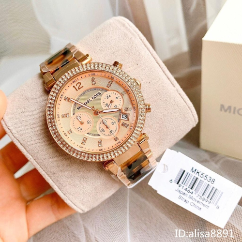 Michael Kors手錶 MK手錶 玫瑰金玳瑁色鋼帶錶 時尚女生腕錶 鑲鑽休閒石英錶 大直徑通勤百搭女錶MK5538
