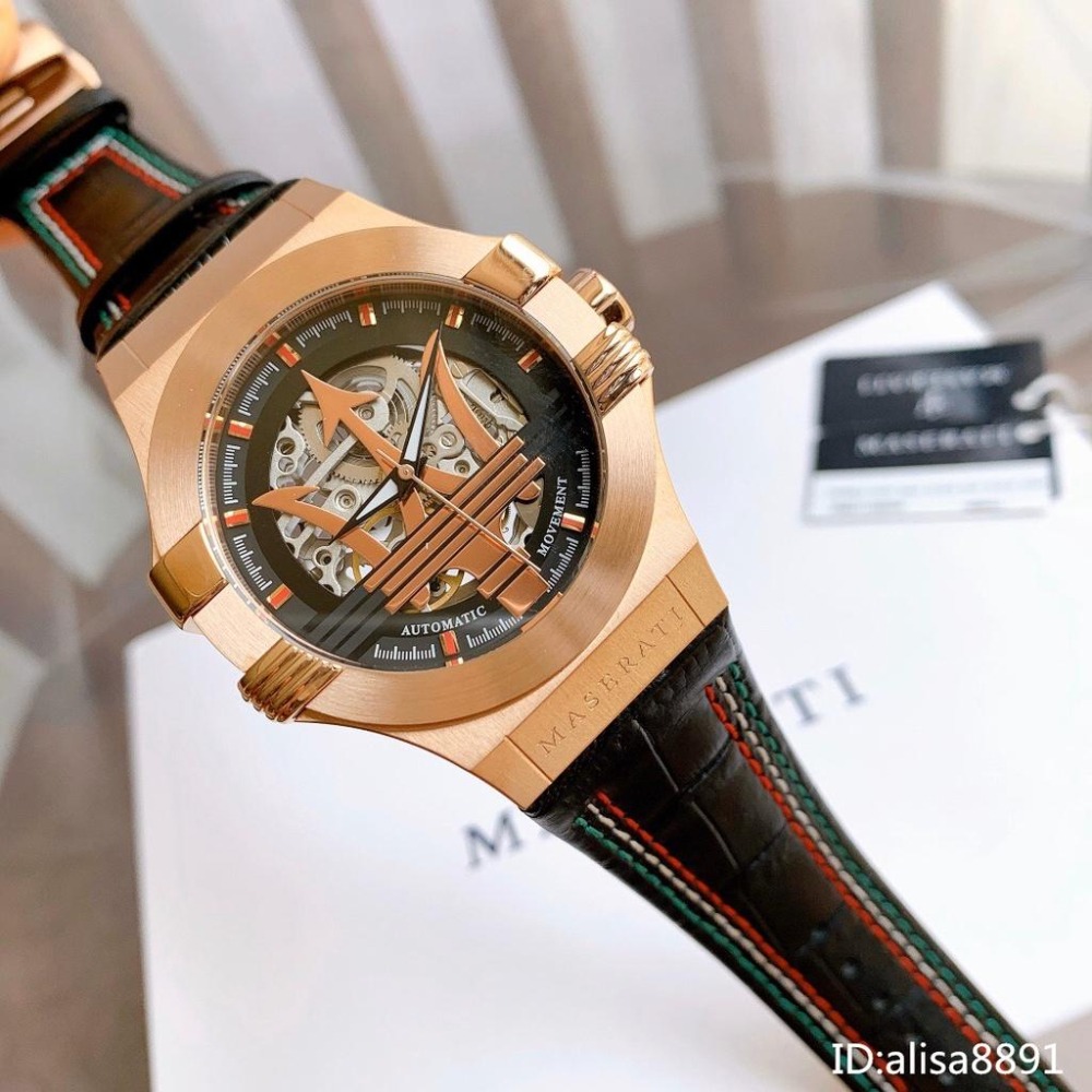 MASERATI瑪莎拉蒂手錶 黑色皮帶錶 鏤空自動機械錶男 經典大三叉帥氣男生腕錶商務休閒腕錶R8821108026-細節圖2