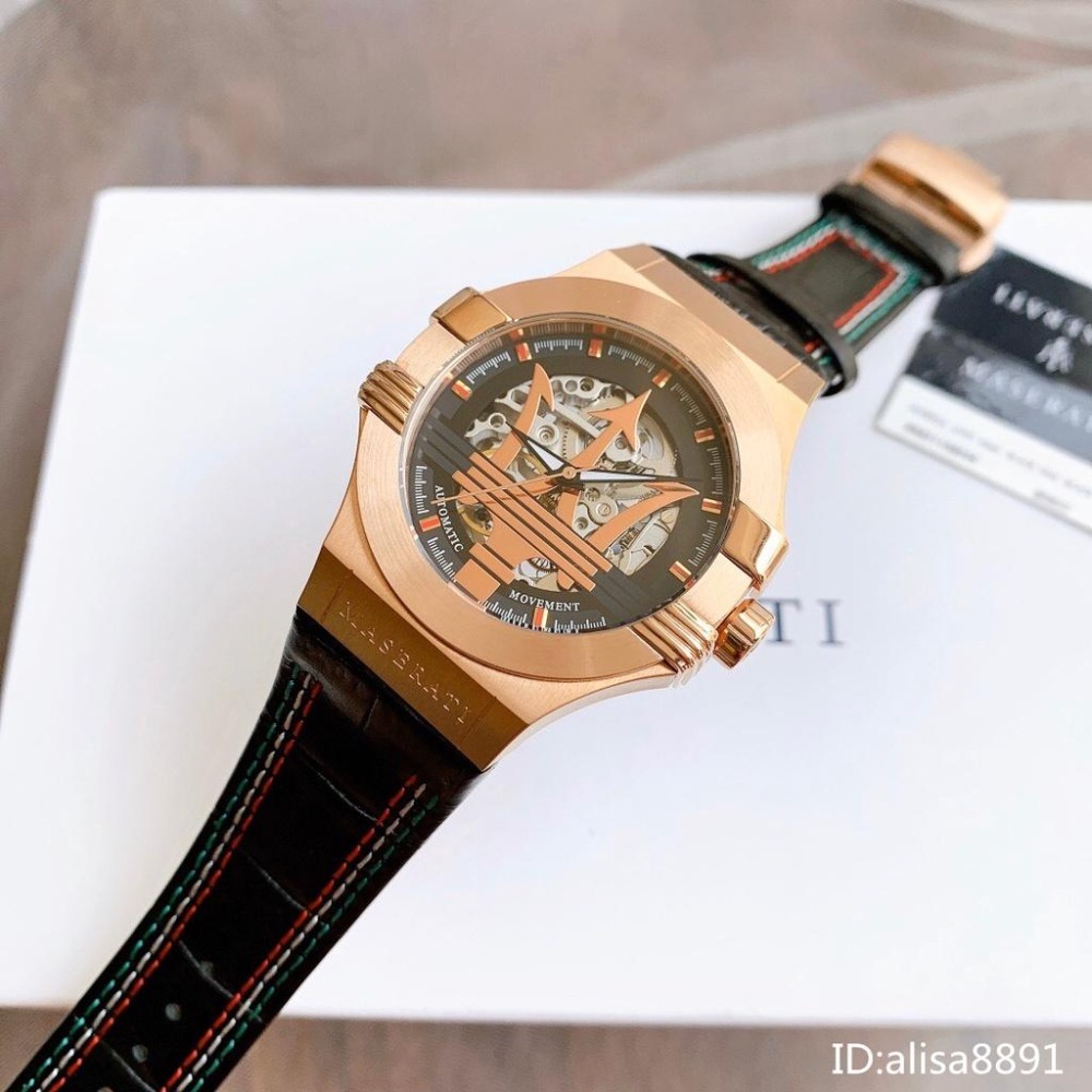 MASERATI瑪莎拉蒂手錶 黑色皮帶錶 鏤空自動機械錶男 經典大三叉帥氣男生腕錶商務休閒腕錶R8821108026-細節圖3