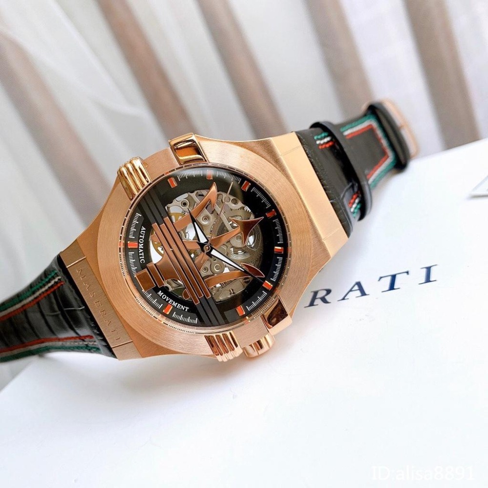 MASERATI瑪莎拉蒂手錶 黑色皮帶錶 鏤空自動機械錶男 經典大三叉帥氣男生腕錶商務休閒腕錶R8821108026-細節圖4