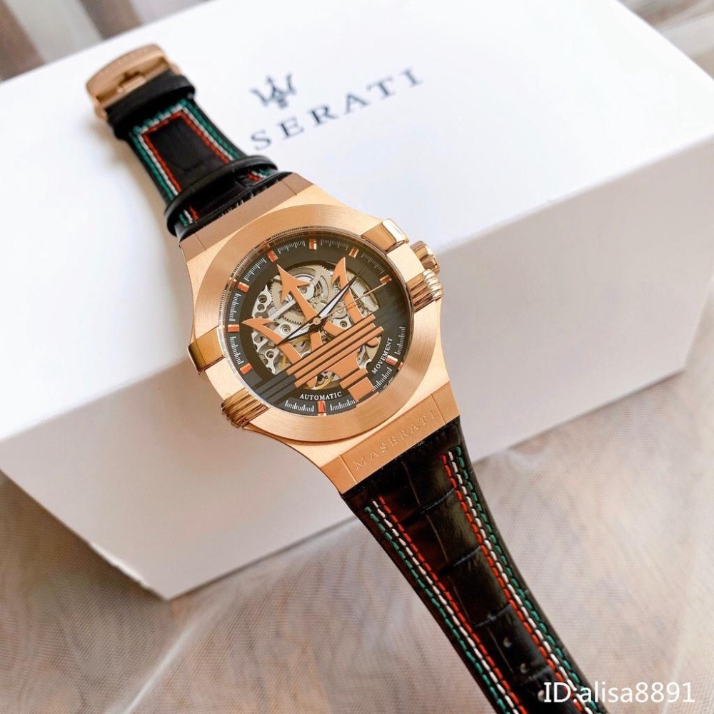 MASERATI瑪莎拉蒂手錶 黑色皮帶錶 鏤空自動機械錶男 經典大三叉帥氣男生腕錶商務休閒腕錶R8821108026-細節圖5