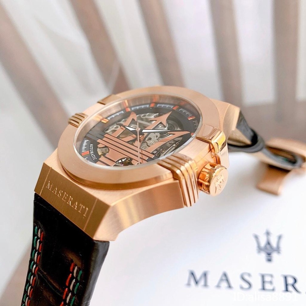 MASERATI瑪莎拉蒂手錶 黑色皮帶錶 鏤空自動機械錶男 經典大三叉帥氣男生腕錶商務休閒腕錶R8821108026-細節圖6