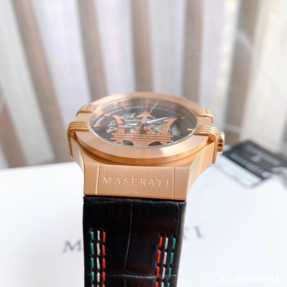 MASERATI瑪莎拉蒂手錶 黑色皮帶錶 鏤空自動機械錶男 經典大三叉帥氣男生腕錶商務休閒腕錶R8821108026-細節圖7