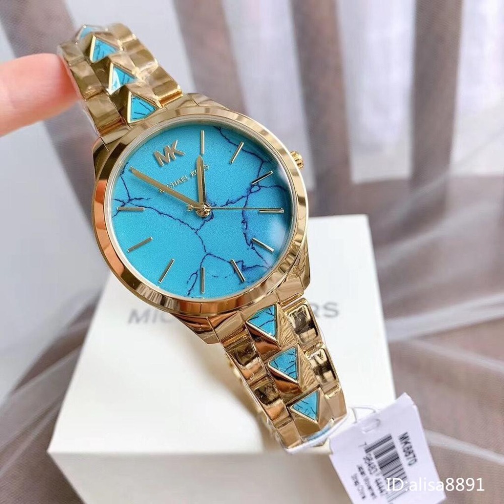 Michael Kors手錶小直徑女生腕錶 石英手錶 藍色間金色限量版菱格鋼鏈錶 時尚潮流女錶MK6670 MK6671-細節圖6