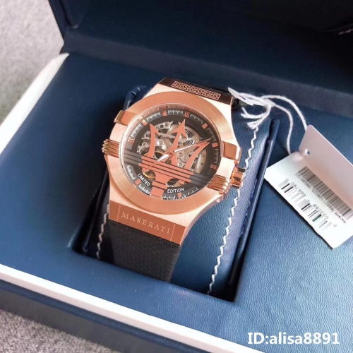 MASERATI手錶全自動機械錶 鏤空時尚潮流男錶 商務男生腕錶 瑪莎拉蒂手錶 玫瑰金框黑色皮帶錶R8821108025