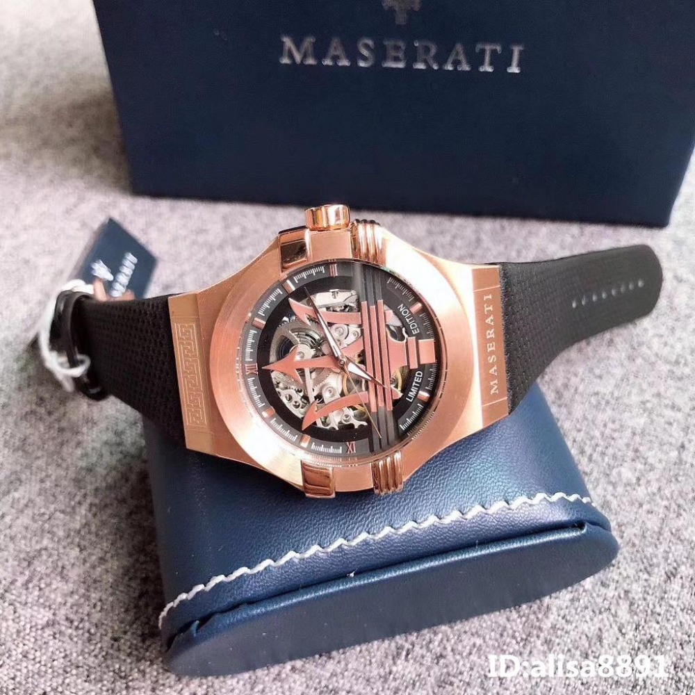 MASERATI手錶全自動機械錶 鏤空時尚潮流男錶 商務男生腕錶 瑪莎拉蒂手錶 玫瑰金框黑色皮帶錶R8821108025-細節圖2