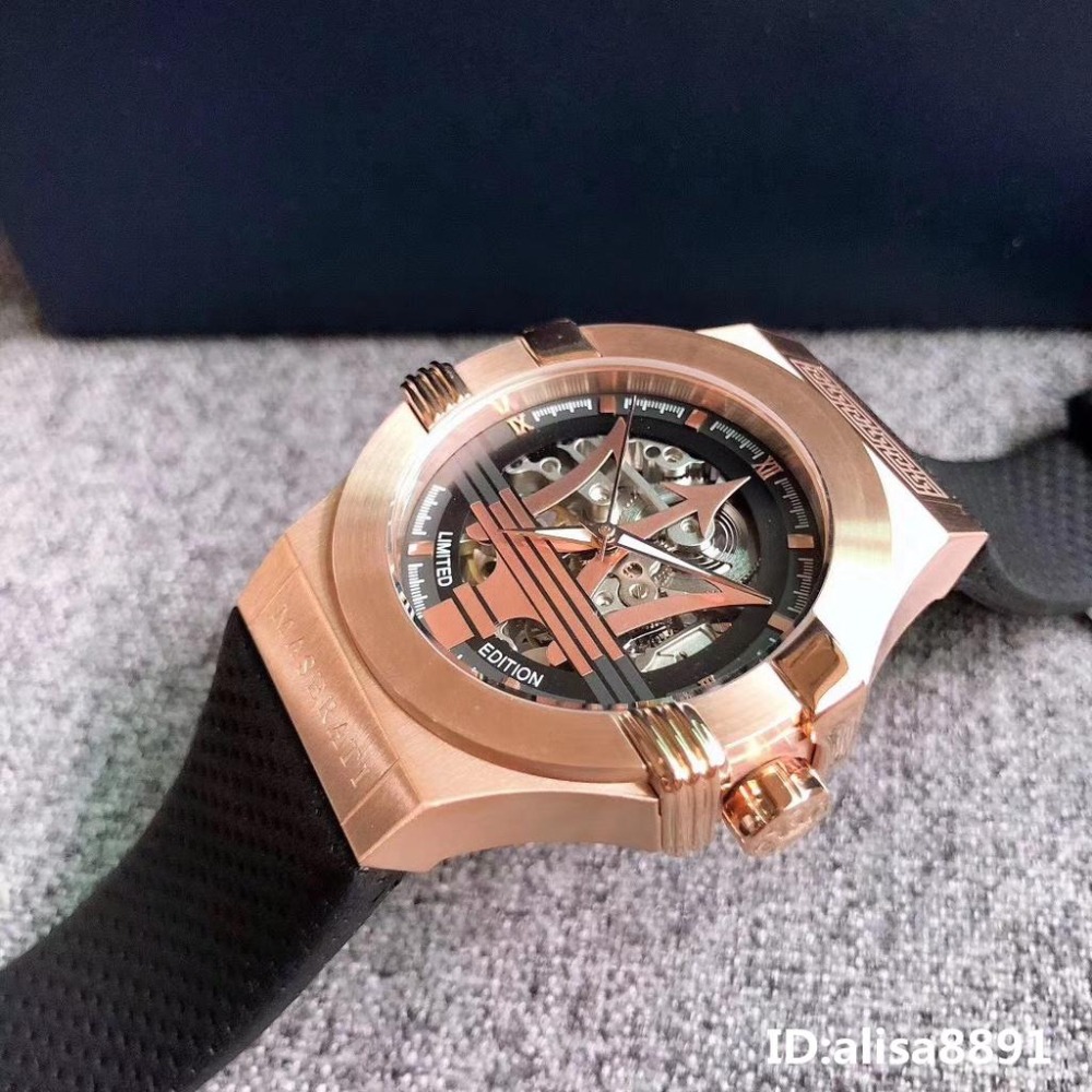 MASERATI手錶全自動機械錶 鏤空時尚潮流男錶 商務男生腕錶 瑪莎拉蒂手錶 玫瑰金框黑色皮帶錶R8821108025-細節圖3