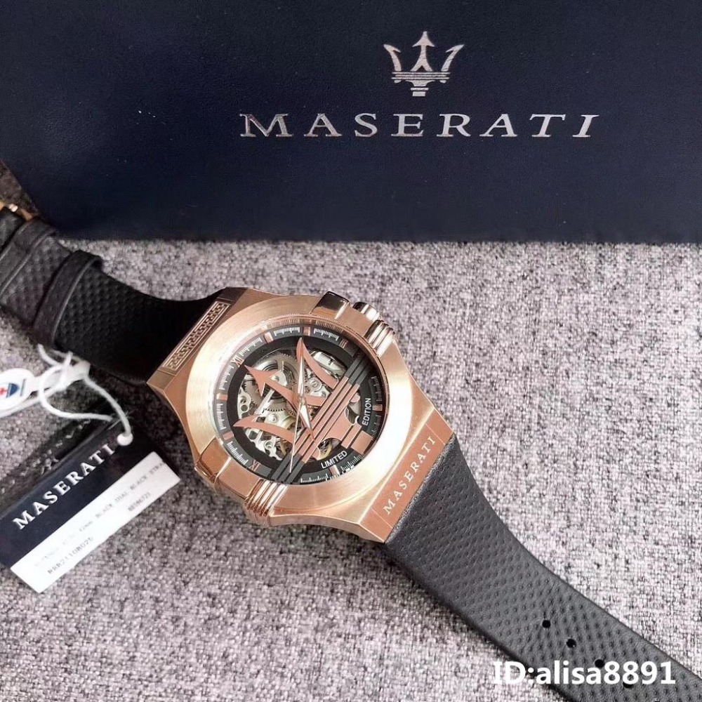 MASERATI手錶全自動機械錶 鏤空時尚潮流男錶 商務男生腕錶 瑪莎拉蒂手錶 玫瑰金框黑色皮帶錶R8821108025-細節圖4