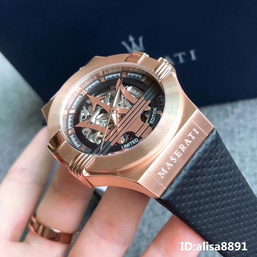 MASERATI手錶全自動機械錶 鏤空時尚潮流男錶 商務男生腕錶 瑪莎拉蒂手錶 玫瑰金框黑色皮帶錶R8821108025-細節圖5