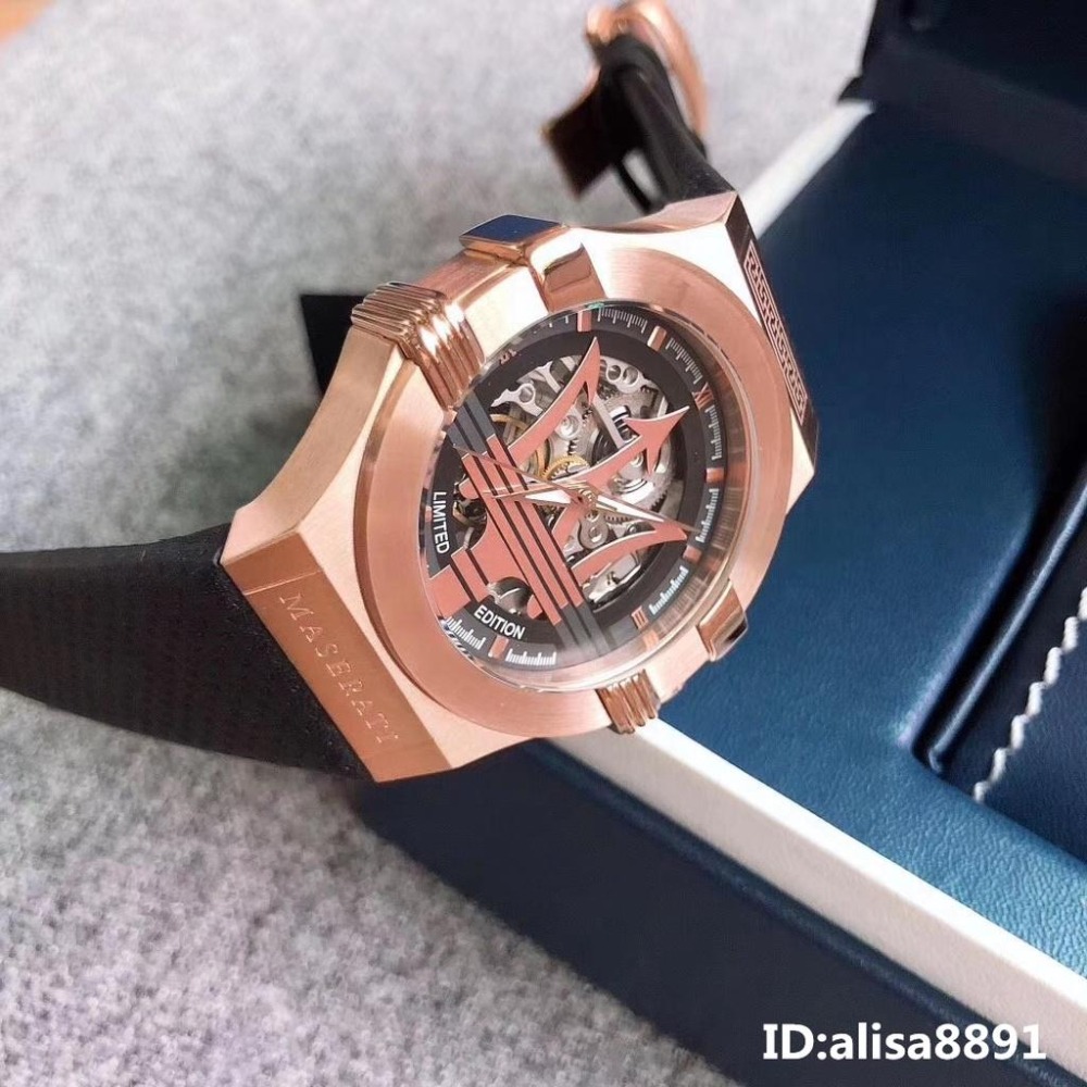 MASERATI手錶全自動機械錶 鏤空時尚潮流男錶 商務男生腕錶 瑪莎拉蒂手錶 玫瑰金框黑色皮帶錶R8821108025-細節圖6