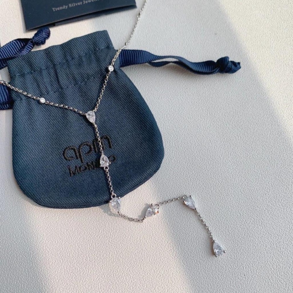 APM MONACO項鏈 Y型水滴項鏈 925純銀飾品 高級感氣質鎖骨鏈 APM頸鏈 毛衣鏈 時尚百搭項墜 可調節項鏈-細節圖7