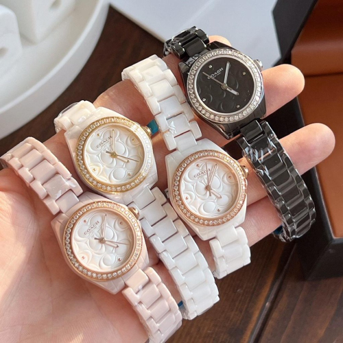 COACH蔻馳手錶 白色陶瓷手錶 簡約時尚陶瓷錶 鑲鑽時尚女錶 精美百搭女生腕錶 粉色精品錶 28mm小直徑學生手錶女