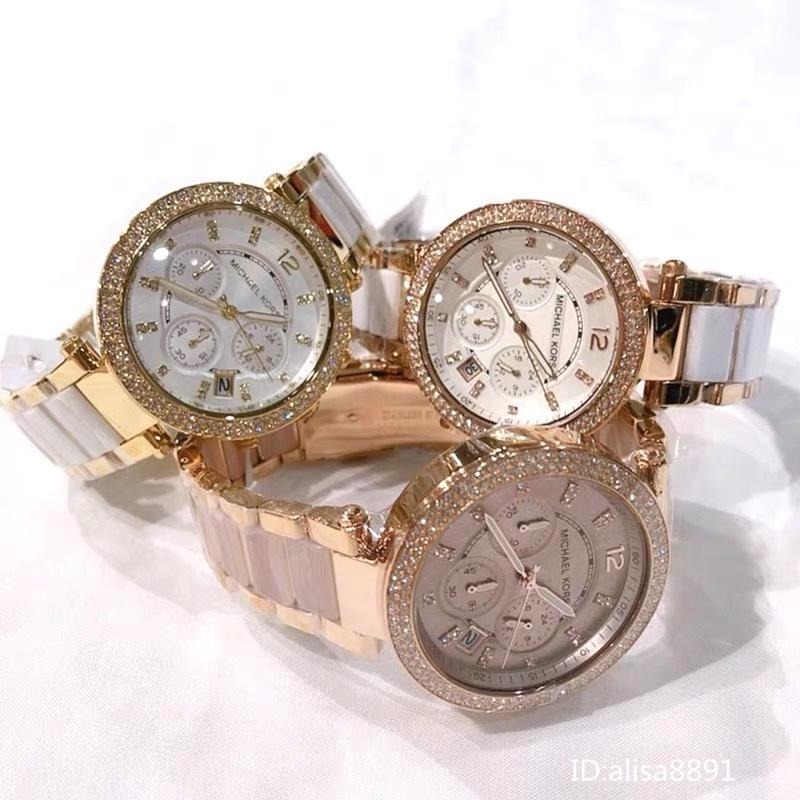  Michael Kors手錶 三眼計時日曆手錶 鑲鑽玫瑰金色間膠女生石英錶MK手錶女生 MK5896 MK5774-細節圖2