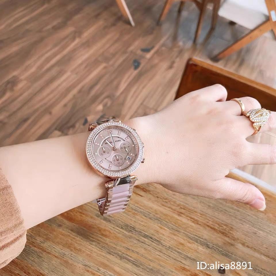  Michael Kors手錶 三眼計時日曆手錶 鑲鑽玫瑰金色間膠女生石英錶MK手錶女生 MK5896 MK5774-細節圖4
