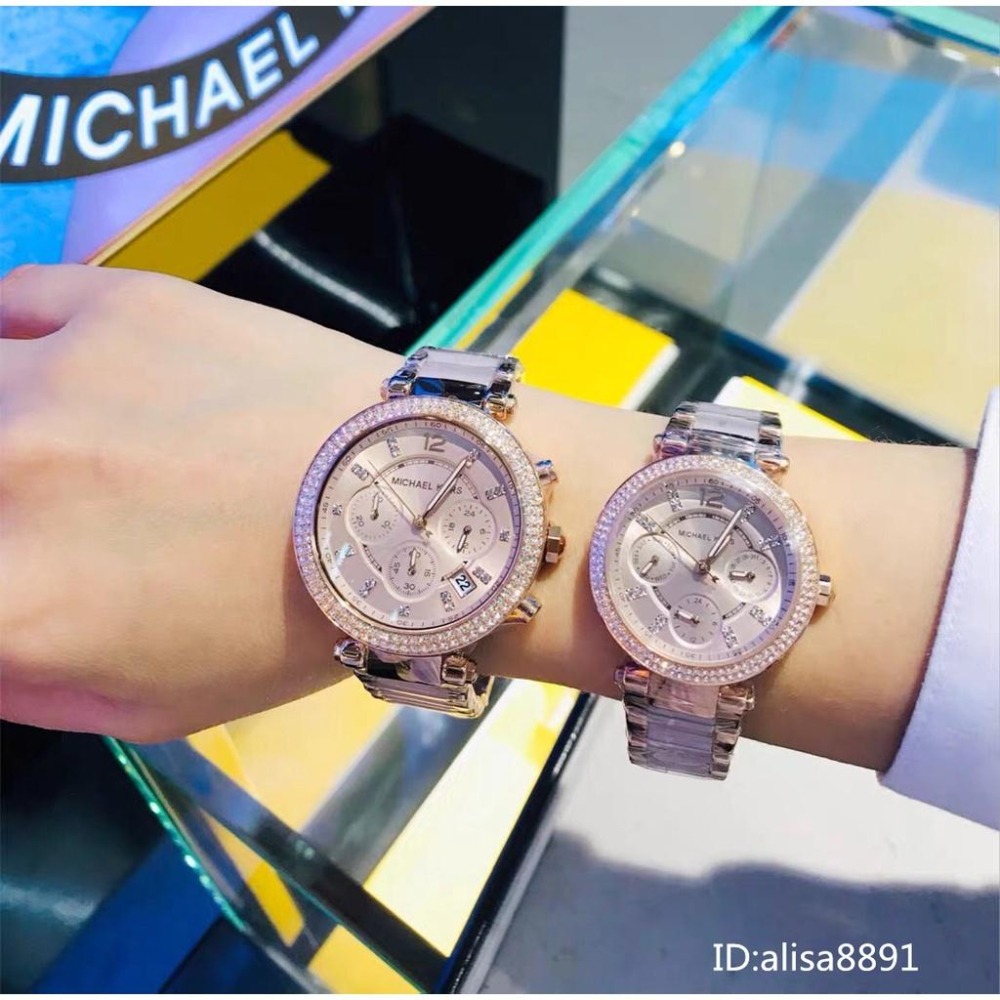  Michael Kors手錶 三眼計時日曆手錶 鑲鑽玫瑰金色間膠女生石英錶MK手錶女生 MK5896 MK5774-細節圖5